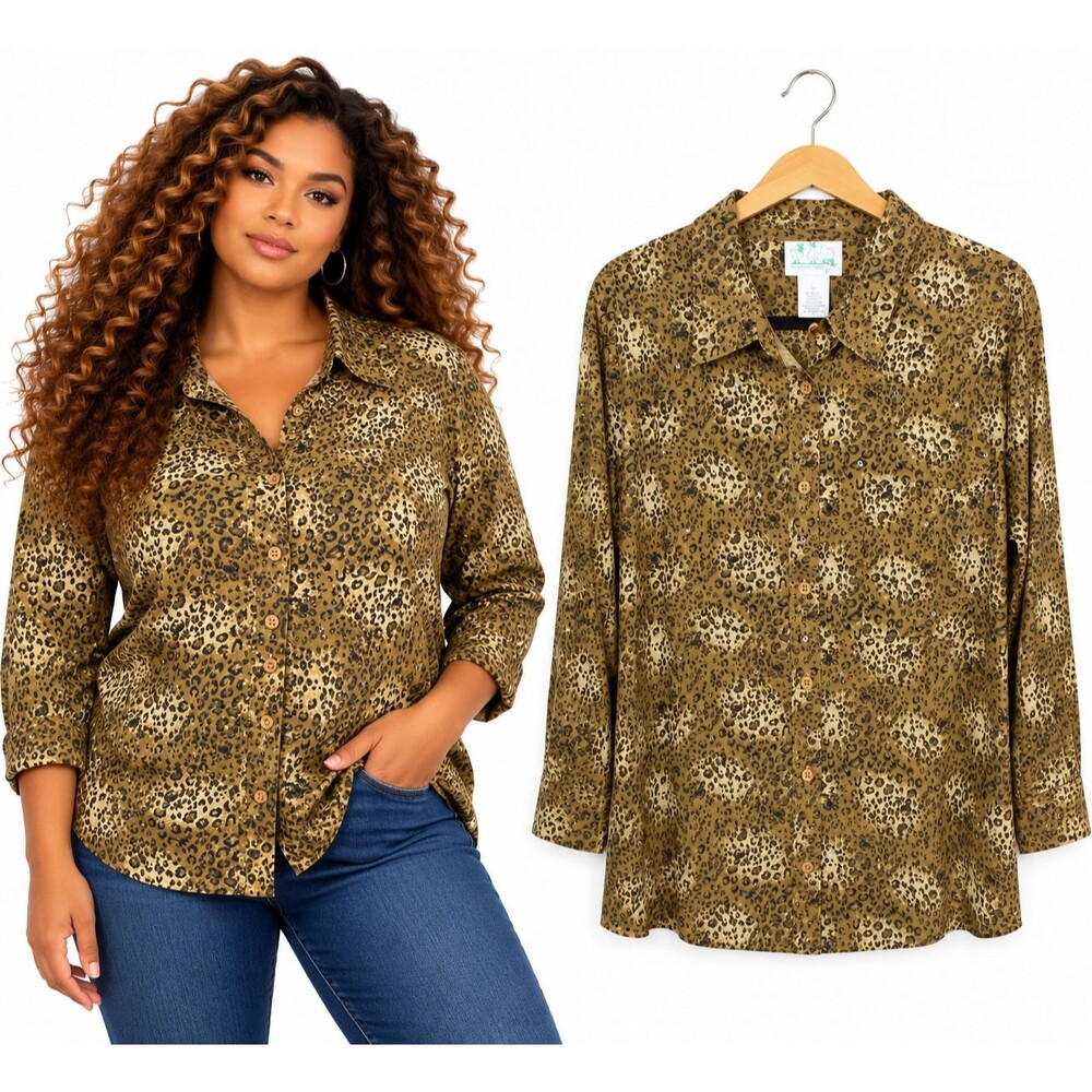 Quacker Factory Leopard Print Rhinestone Shirt Size 2X Button Down Long Sleeve